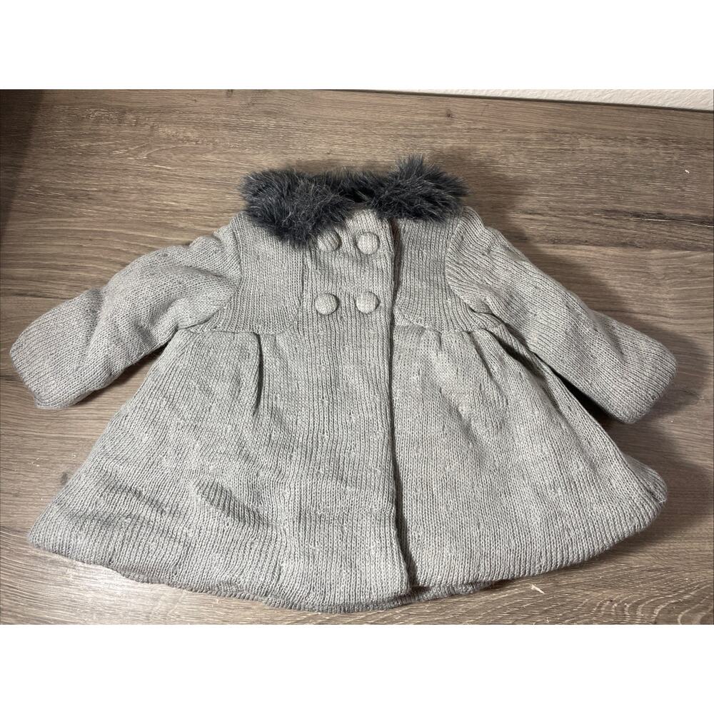 Catherine Malandrino Mini Baby Girl Gray Knit Sweater Coat Faux Fur Collar 0-3M